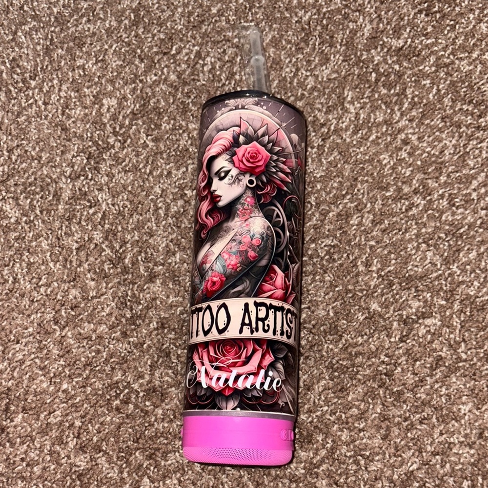 Tattoo Artist Themed Tumbler with Pink Accents - Personalized “Natalie”